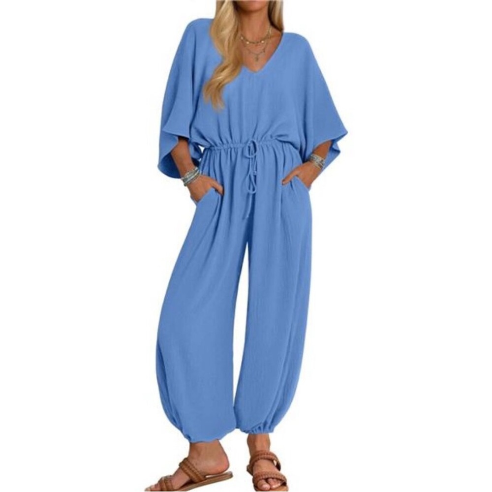 BLUE Women's Short Sleeve V Neck One Piece Jumpsuits Summer Casual Overalls